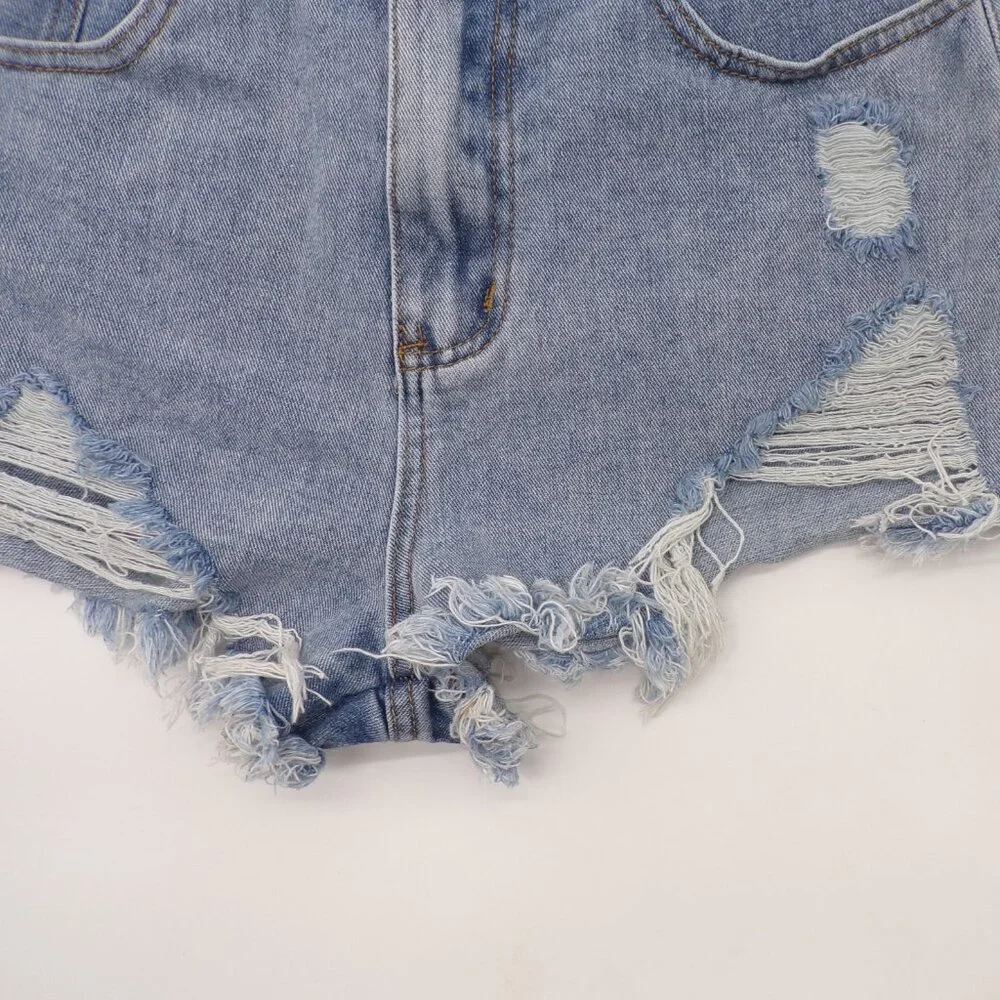 Shein Distressed Cut Off Jean Shorts Women 6 Frayed Holes Concert Festival Short - Picture 3 of 9